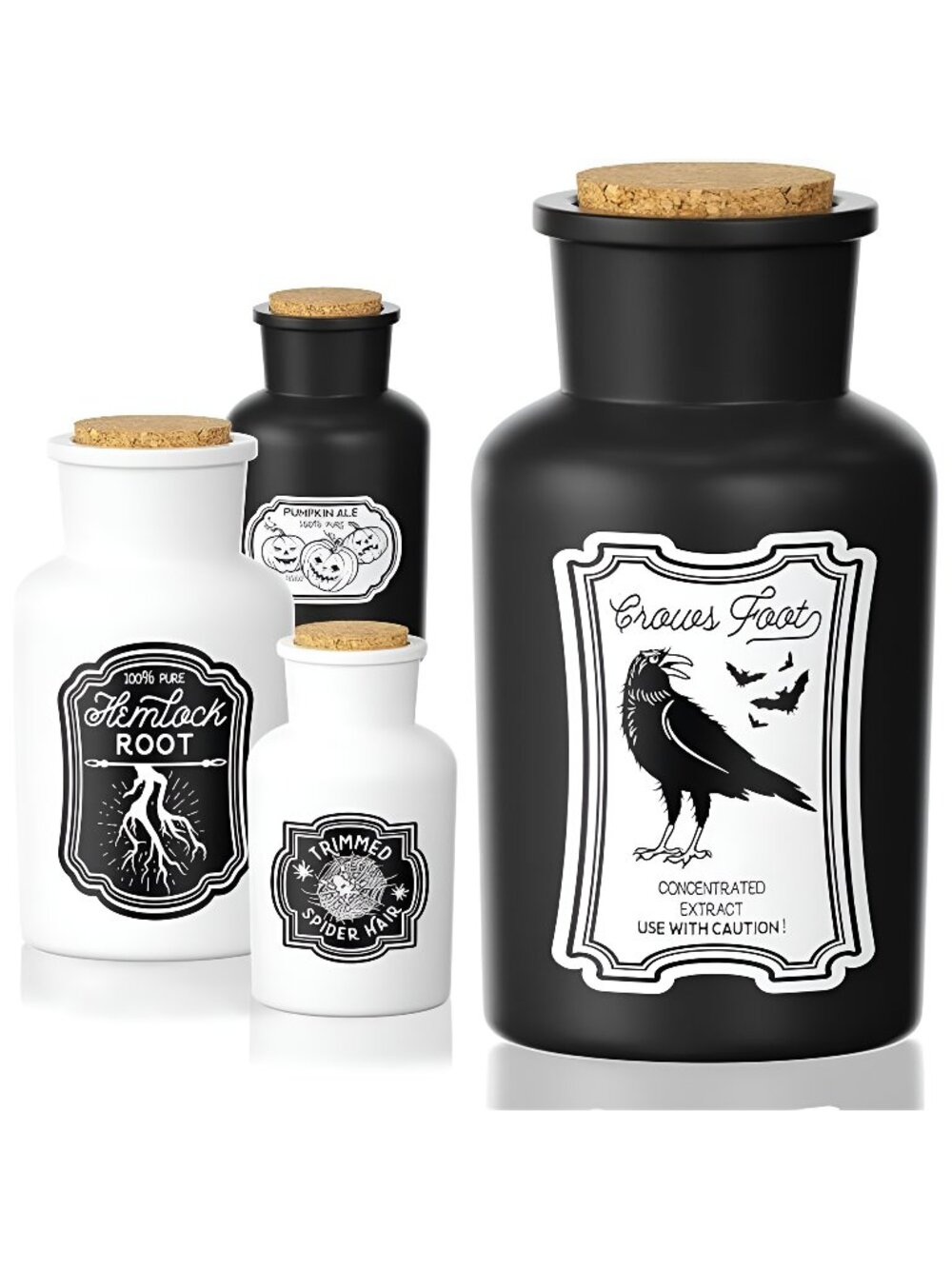 4pcs Black White Halloween Potion Bottles with 12pcs Halloween Bottle Labels